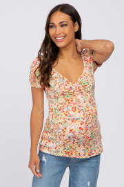 White Floral Sweetheart Neck Maternity Top