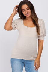 Beige Knit Puff Sleeve Maternity Top