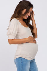 Beige Knit Puff Sleeve Maternity Top