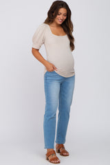 Beige Knit Puff Sleeve Maternity Top