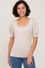 Beige Knit Puff Sleeve Maternity Top