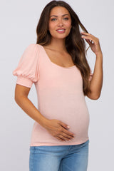 Light Pink Knit Puff Sleeve Maternity Top