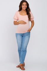 Light Pink Knit Puff Sleeve Maternity Top