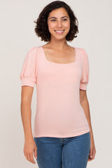 Light Pink Knit Puff Sleeve Top