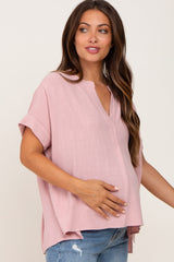 Pink Split Hem Cuffed Maternity Top