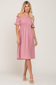 Pink Polka Dot Smocked Midi Dress