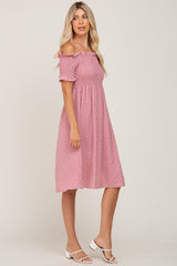 Pink Polka Dot Smocked Midi Dress