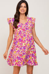 Fuchsia Multi-Color Floral Ruffle Accent Maternity Dress