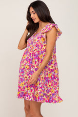 Fuchsia Multi-Color Floral Ruffle Accent Maternity Dress