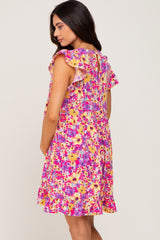 Fuchsia Multi-Color Floral Ruffle Accent Maternity Dress