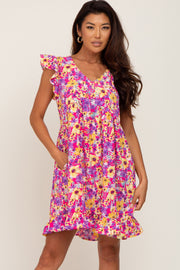 Fuchsia Multi-Color Floral Ruffle Accent Dress