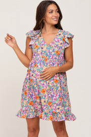 Blue Multi-Color Floral Ruffle Accent Maternity Dress