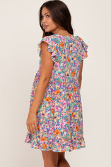 Blue Multi-Color Floral Ruffle Accent Maternity Dress