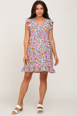 Blue Multi-Color Floral Ruffle Accent Maternity Dress