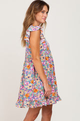 Blue Multi-Color Floral Ruffle Accent Dress