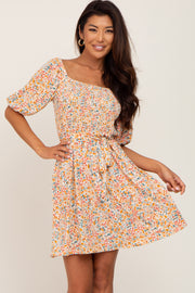 Cream Floral Smocked Waist Tie Dress