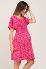 Fuchsia Floral Square Neck Smocked Maternity Dress