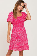 Fuchsia Floral Square Neck Smocked Maternity Dress