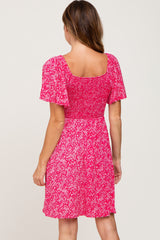 Fuchsia Floral Square Neck Smocked Dress