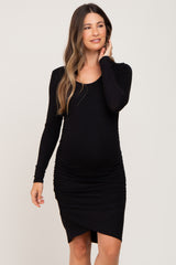 Black Long Sleeve Ruched Maternity Dress