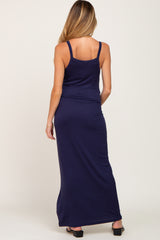 Navy Ribbed Basic Maternity Maxi Dress