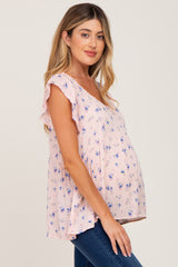 Pink Floral Lace Trim V-Neck Maternity Top