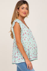 Mint Green Floral Lace Trim V-Neck Maternity Top