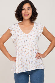 Ivory Floral Lace Trim V-Neck Top