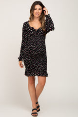 Black Floral Sweetheart Neck Smocked Long Sleeve Maternity Dress