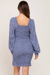 Blue Floral Sweetheart Neck Smocked Long Sleeve Maternity Dress