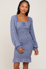 Blue Floral Sweetheart Neck Smocked Long Sleeve Maternity Dress