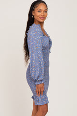 Blue Floral Sweetheart Neck Smocked Long Sleeve Dress