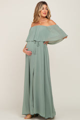 Light Olive Chiffon Off Shoulder Maternity Maxi Dress