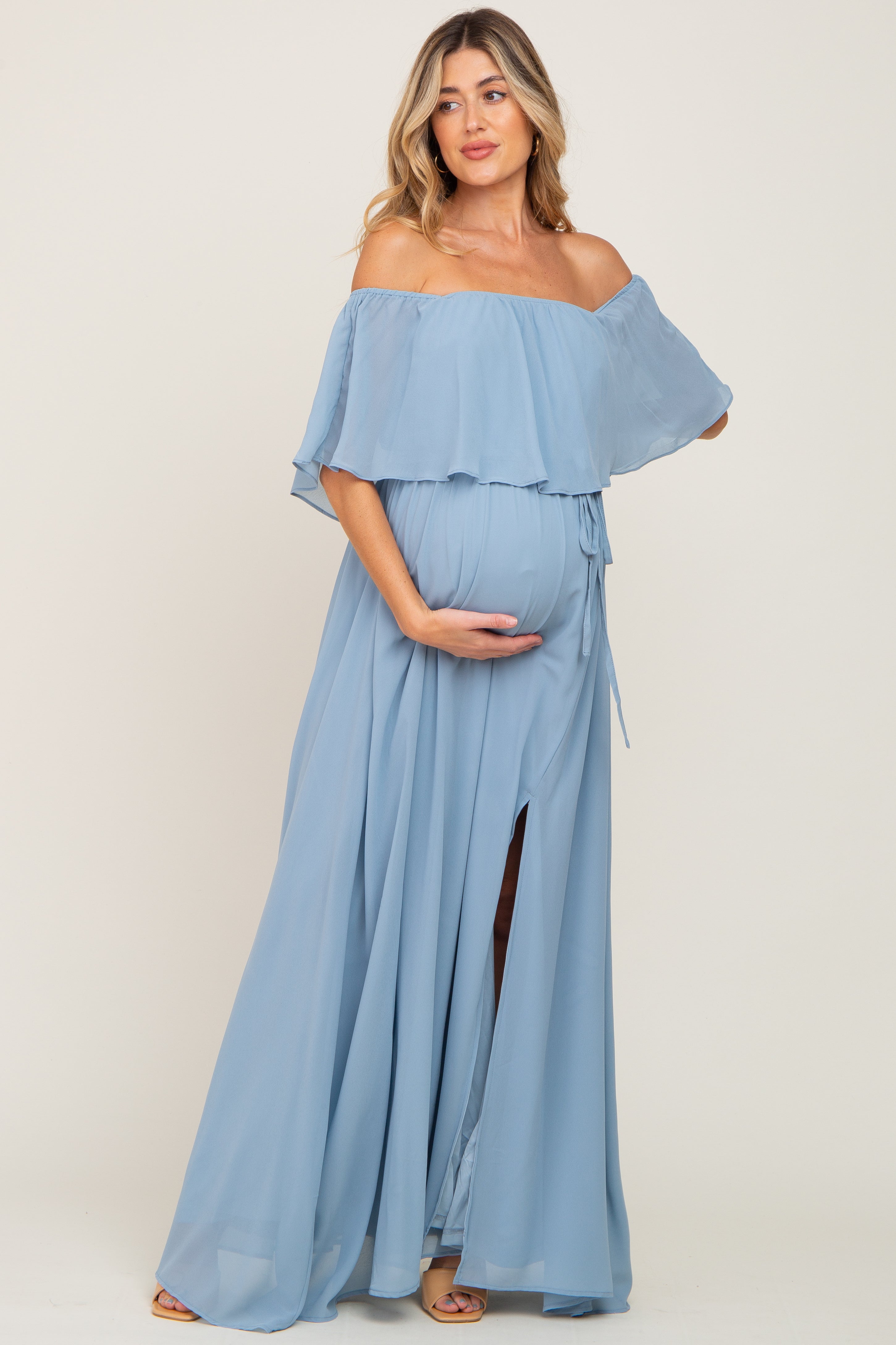 SBYOJLPB Summer Maternity Clothes Women off Shoulder Pregnants Sexy  Photography Ruffled Nursing Long Dress Reduced Price Blue L