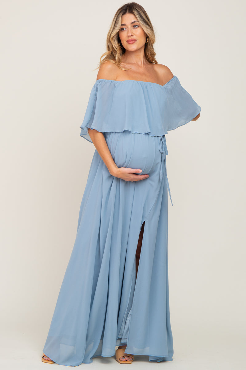 Light Blue Chiffon Off Shoulder Maternity Maxi Dress – PinkBlush