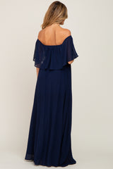 Navy Blue Chiffon Off Shoulder Maternity Maxi Dress