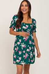 Forest Green Floral Smocked Puff Sleeve Maternity Dress