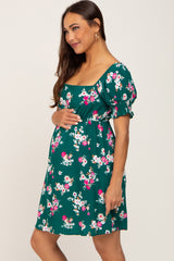 Forest Green Floral Smocked Puff Sleeve Maternity Dress