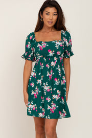 Forest Green Floral Smocked Puff Sleeve Dress