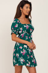 Forest Green Floral Smocked Puff Sleeve Dress