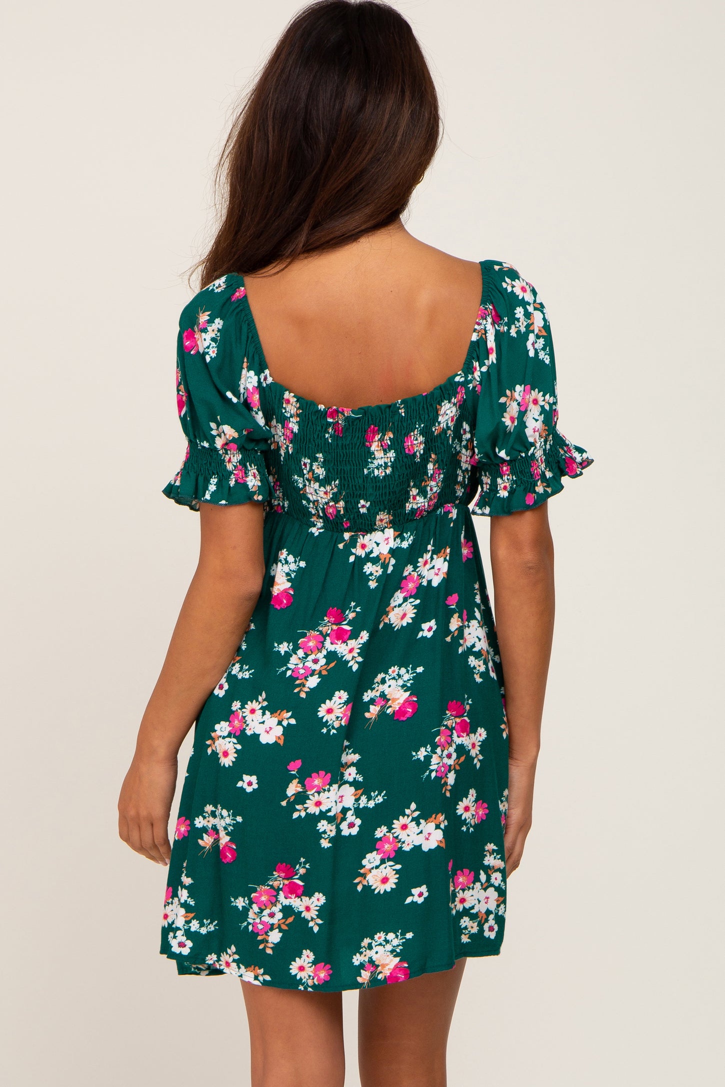 Forest Green Floral Smocked Puff Sleeve Dress – PinkBlush