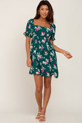 Forest Green Floral Smocked Puff Sleeve Dress