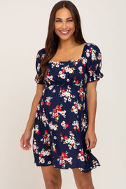 Navy Floral Smocked Puff Sleeve Maternity Dress