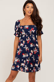 Navy Floral Smocked Puff Sleeve Dress