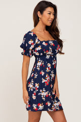 Navy Floral Smocked Puff Sleeve Dress