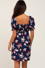 Navy Floral Smocked Puff Sleeve Dress