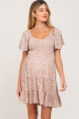 Taupe Smocked Flounce Sleeve Maternity Dress