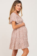 Taupe Smocked Flounce Sleeve Maternity Dress