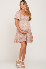 Taupe Smocked Flounce Sleeve Maternity Dress