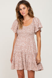 Taupe Smocked Flounce Sleeve Dress